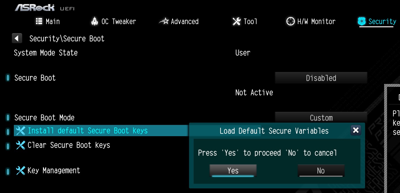 Please press Install default Secure Boot keys and select Yes to install Secure Boot keys.