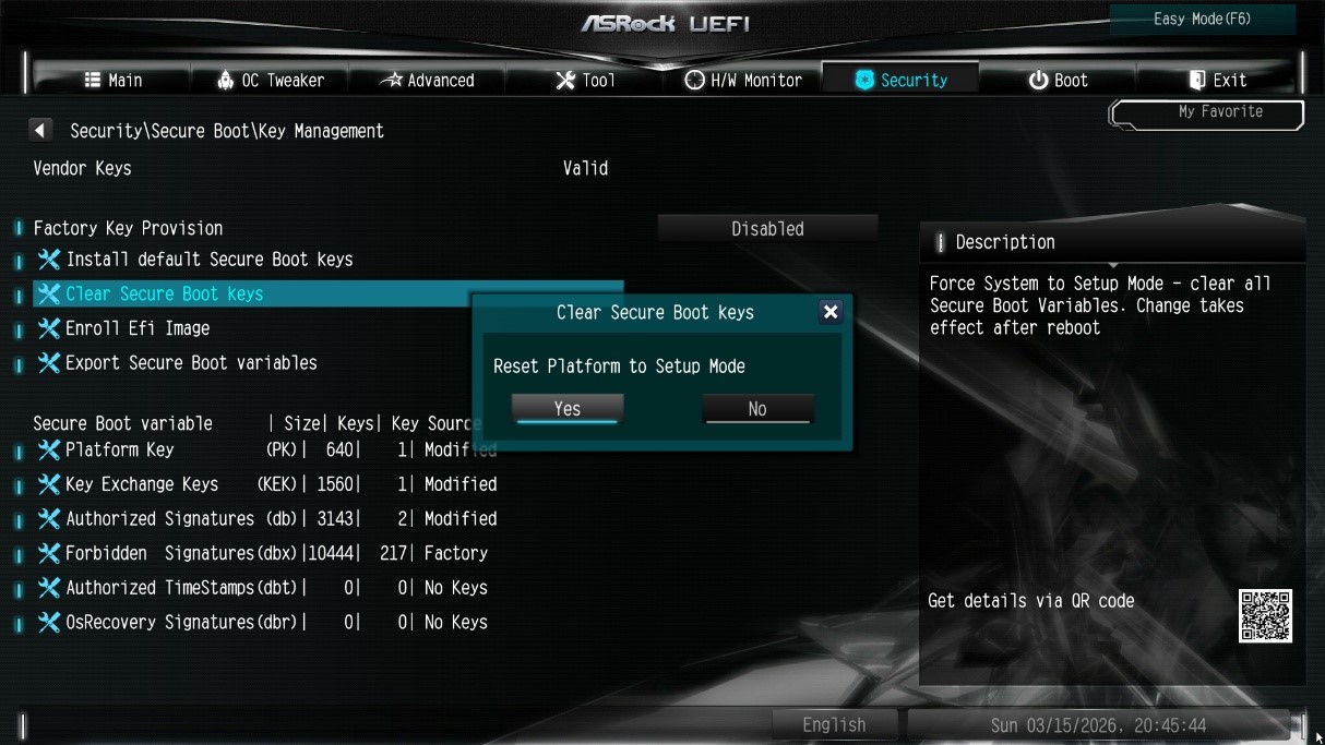 Select Clear Secure Boot Keys, then choose [Yes].