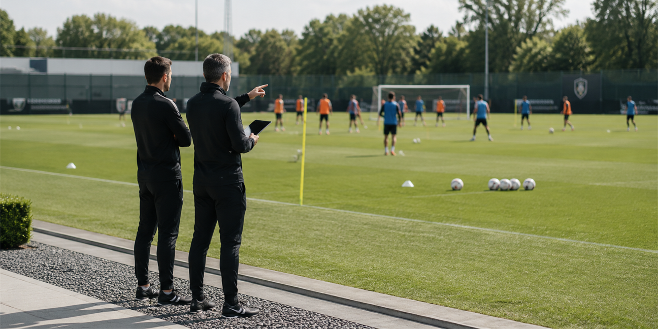 Two coaches standing at the touchline with a tablet, watching a full-squad football training session on the grass pitch behind them